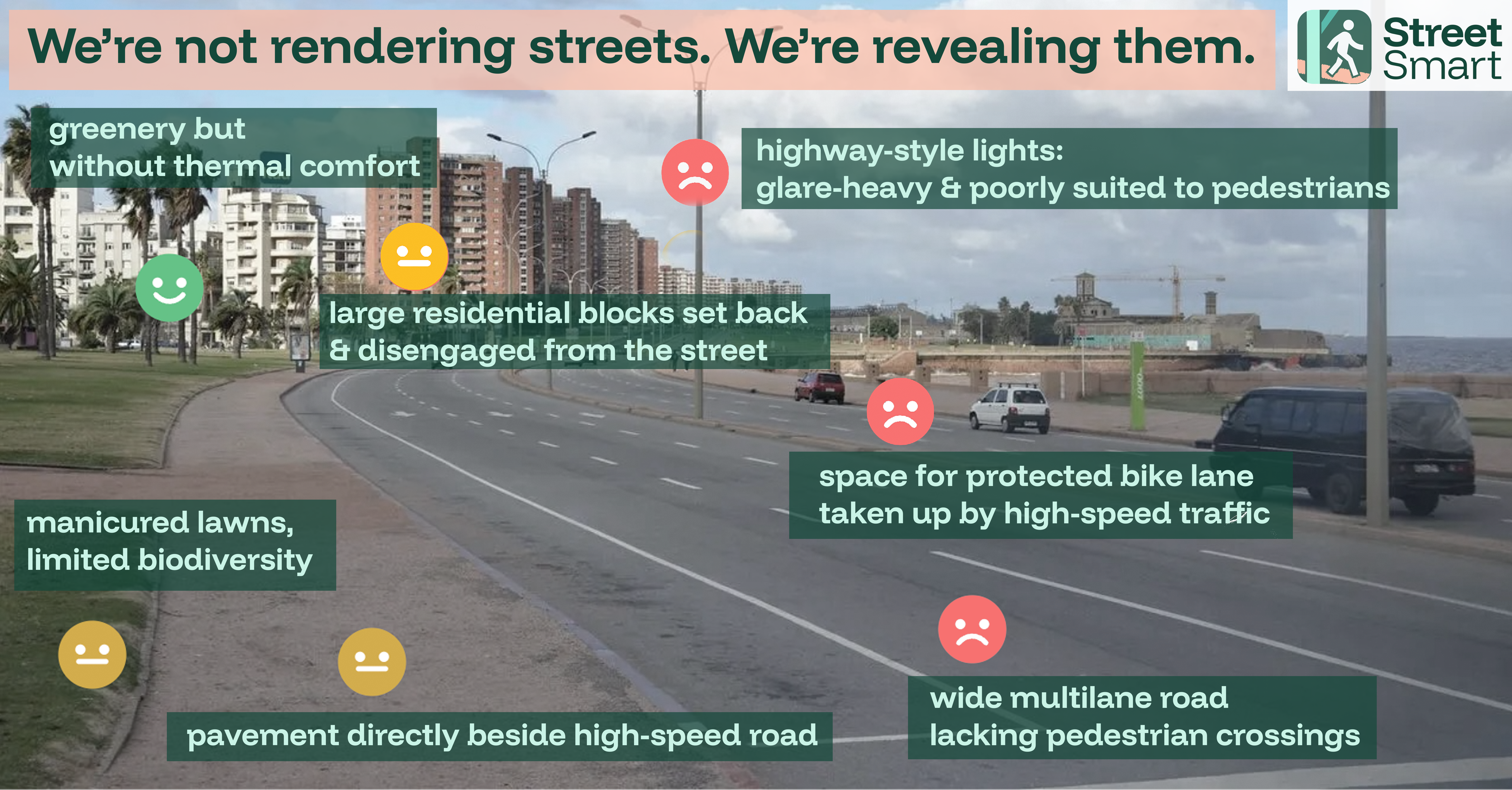 Photo of a street with texts highlighting what is good and what is bad