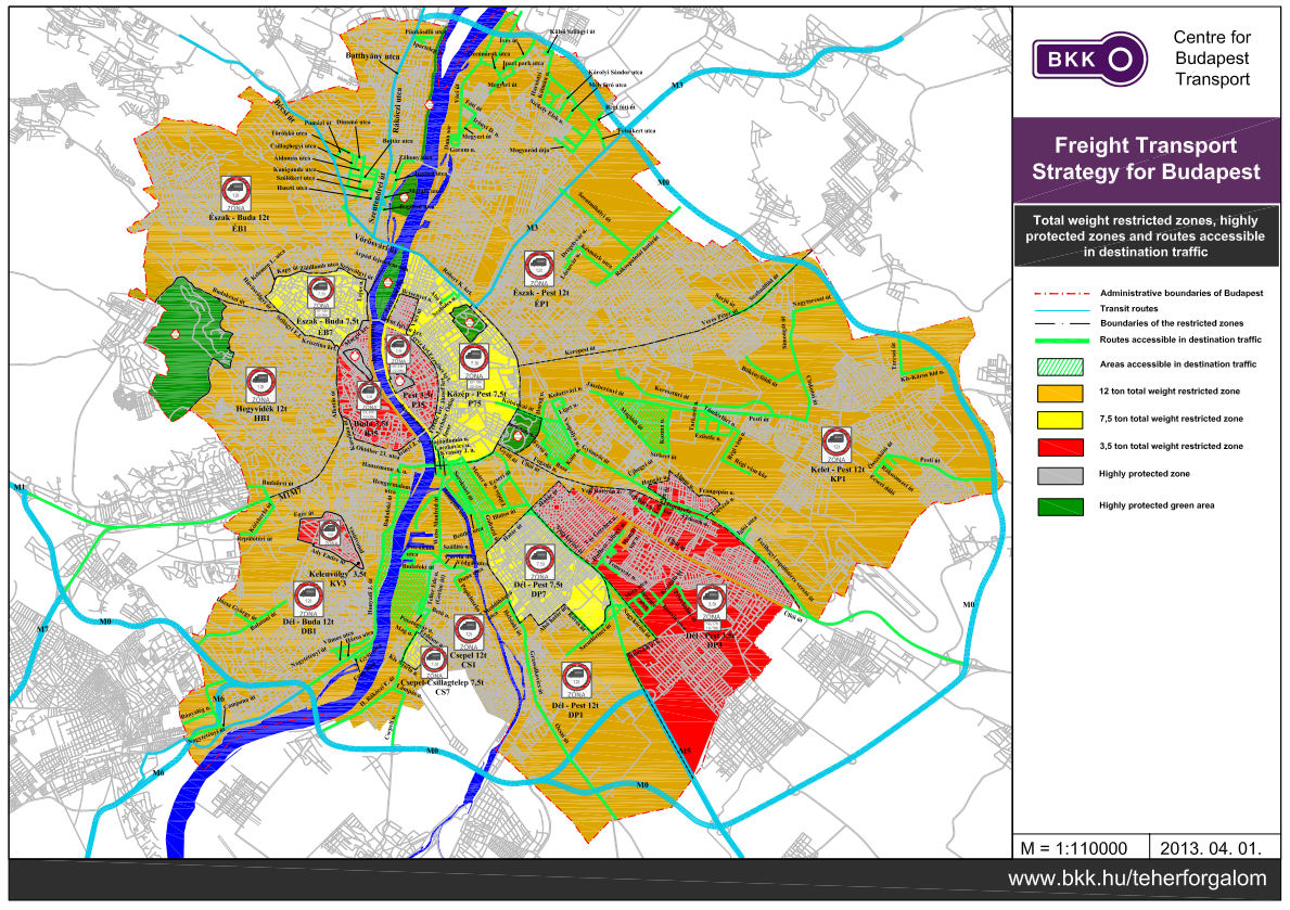 A map showing different vehicle access rules of the Budapest UVAR zones