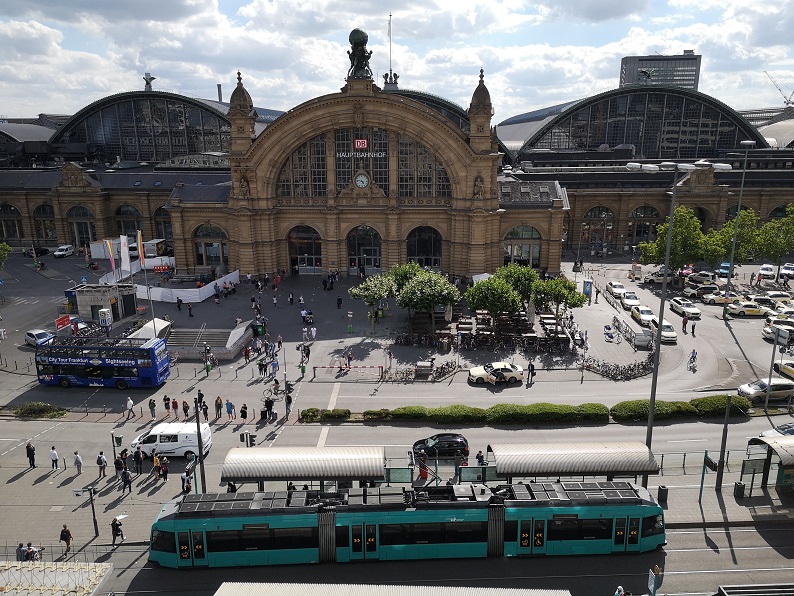 Aerial photo of the train station building of Frankfurt