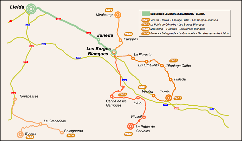 Map of the Bus routes from Les Garrigues