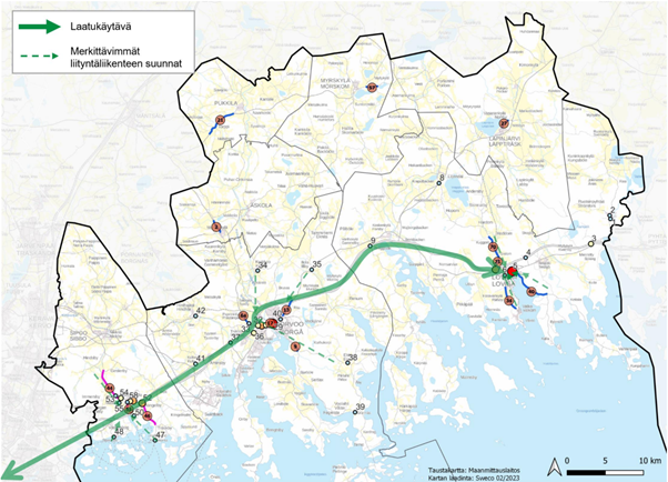 Map of Eastern Uusimaa Quality Corridor:First-Priority Travel Chain Hubs and Prioritised Cycling Measures