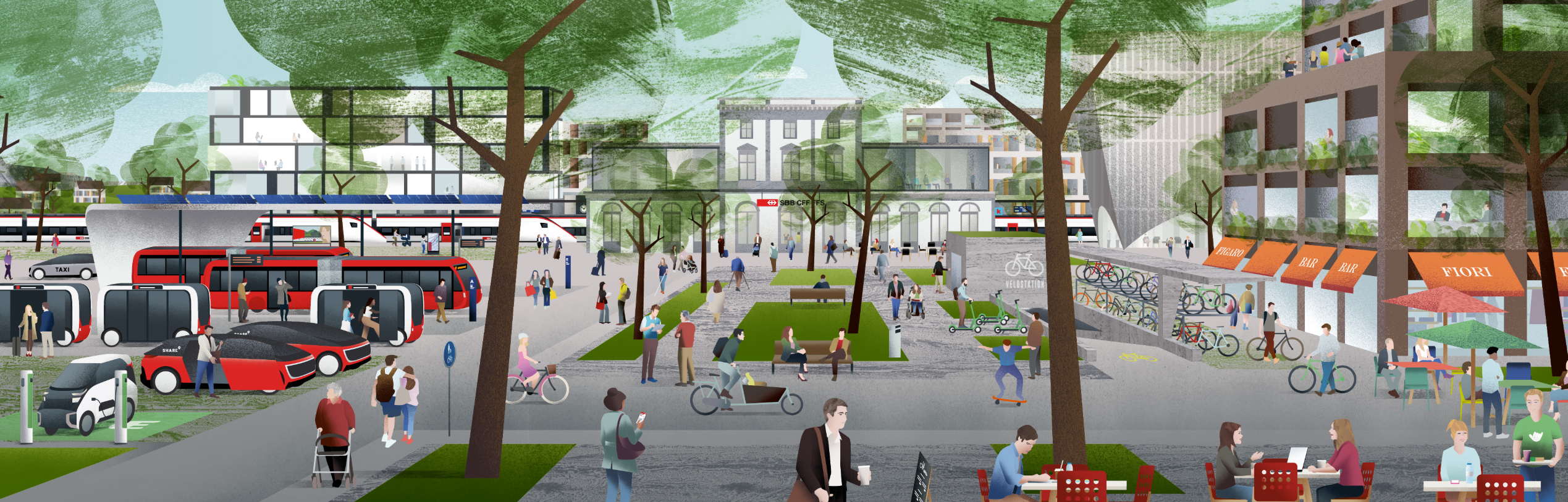 Concept image of a train station in the SBB project team’s mobility vision