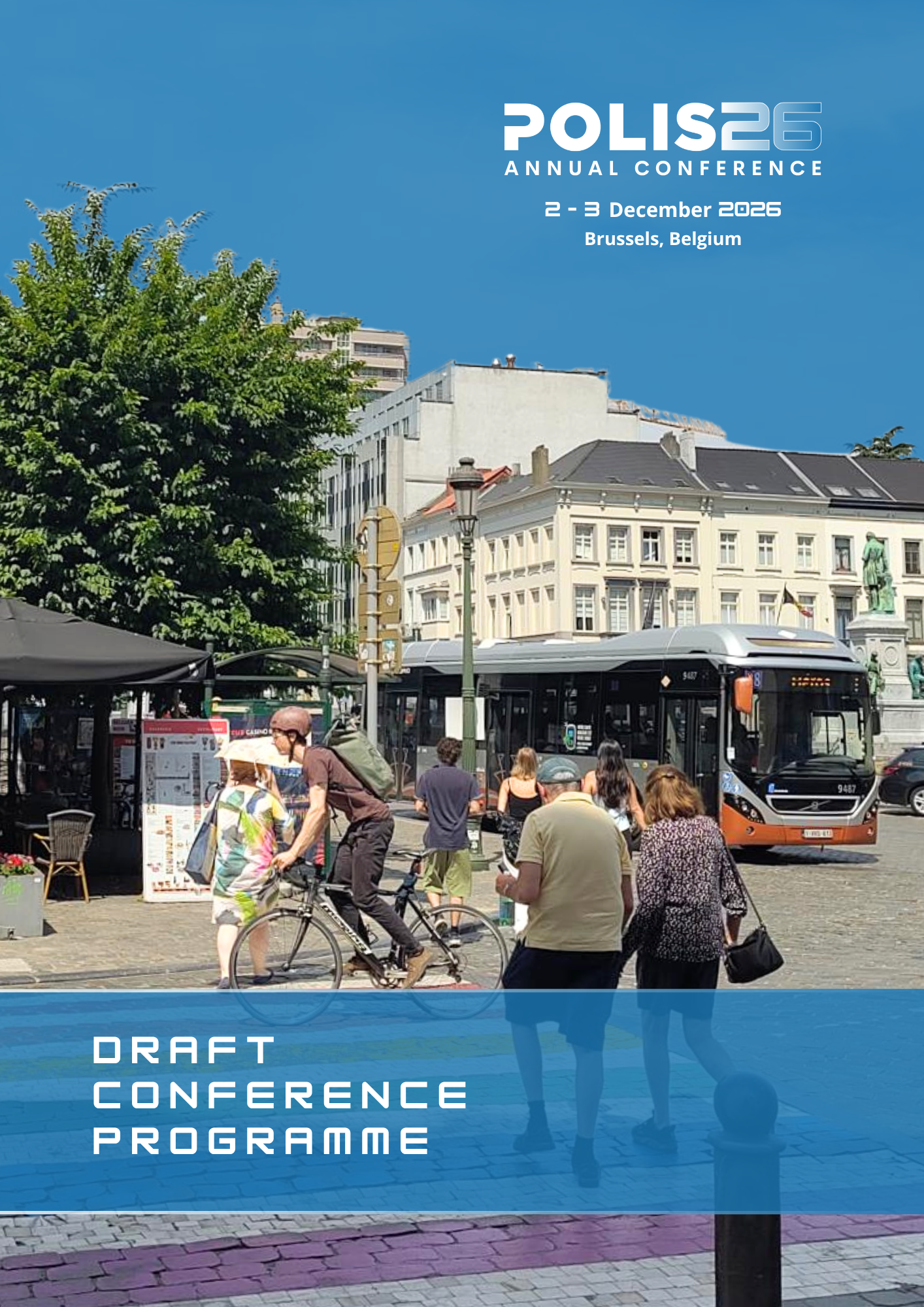 Cover image of the POLIS Conference 2026 featuring a photo of people crossing a square in Brussels