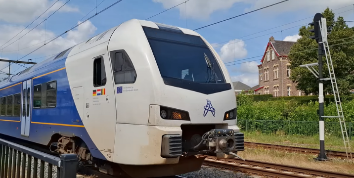Photo of a white and blue train