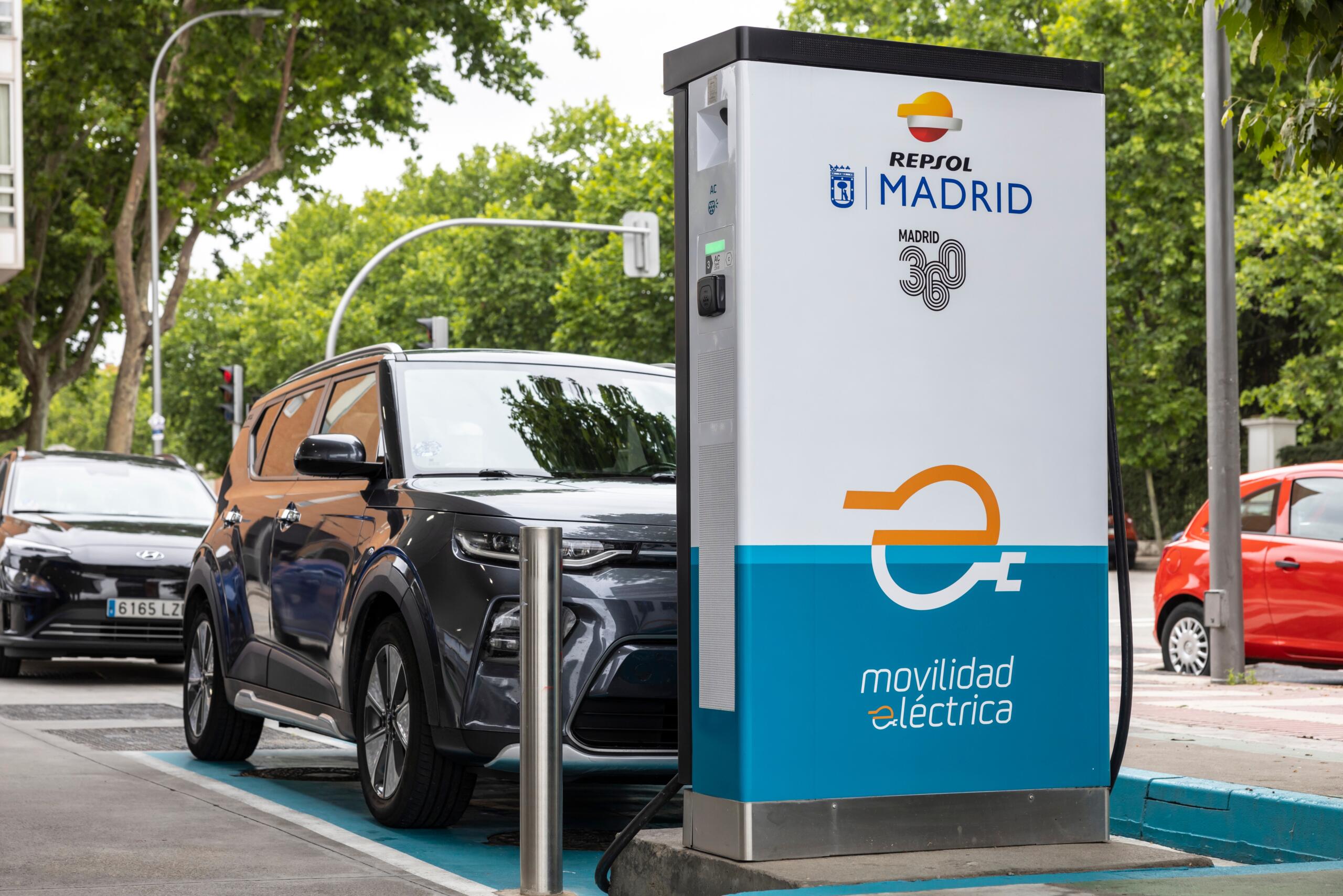 Electric charging station at service station in Madrid, Spain