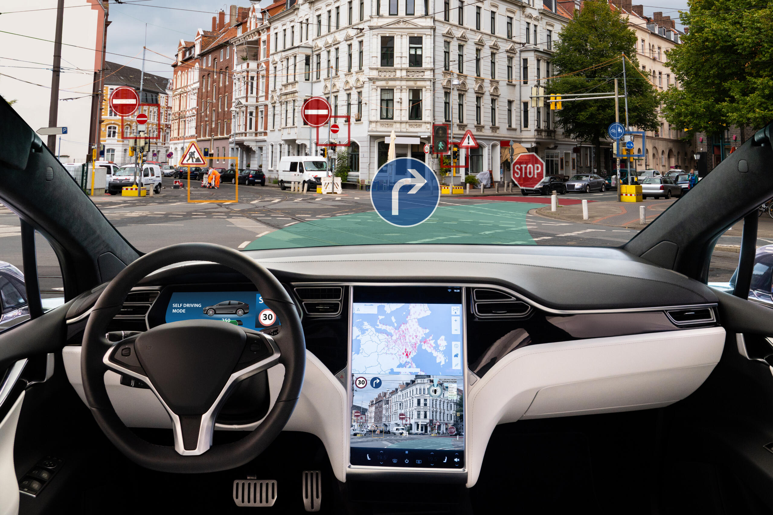 Photo from the inside view of an autonomous car withHUD (Head Up Display)