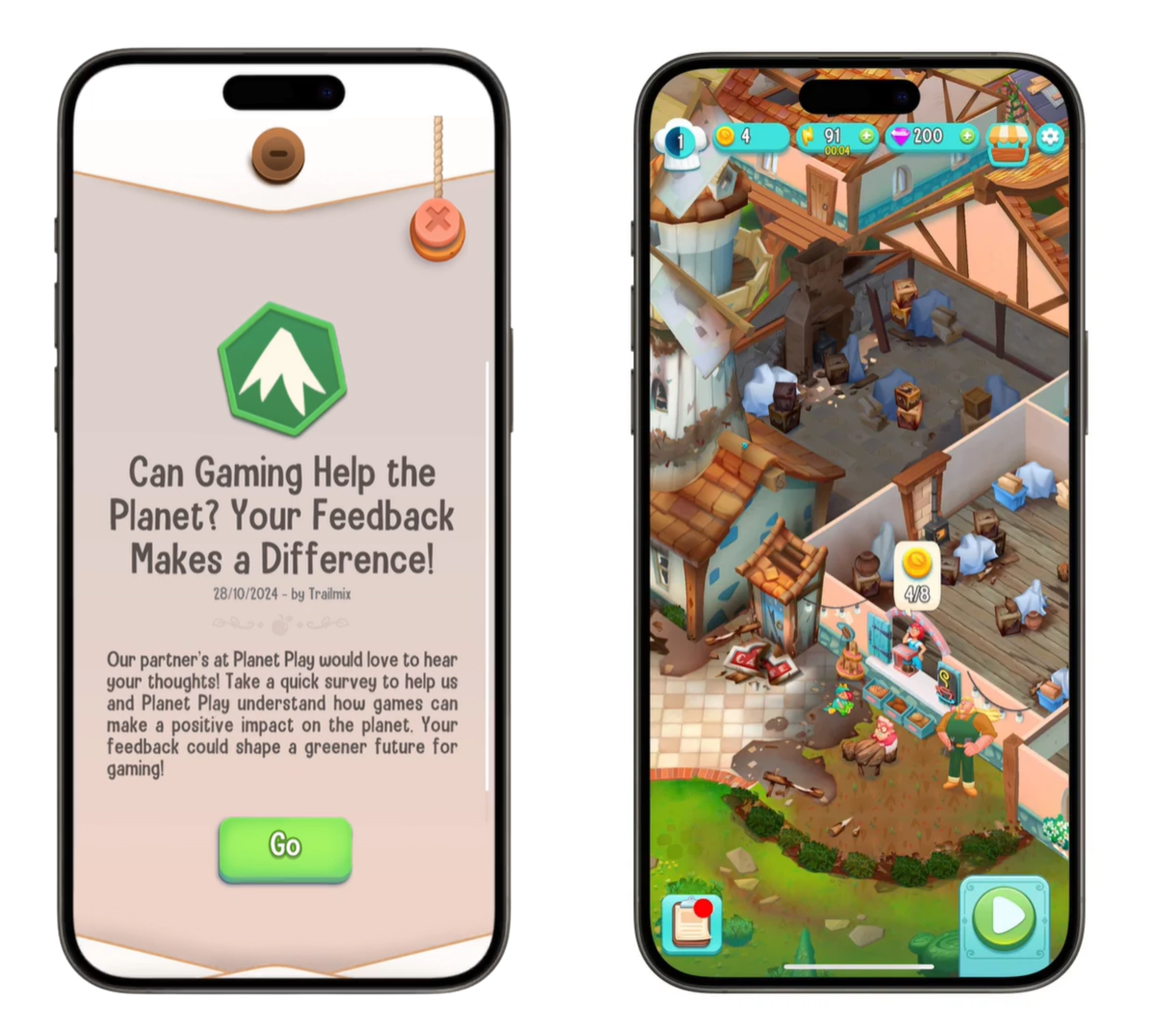 Two phones showing screenshots. On the left, screenshot of the notifications redirecting to the survey, on the right, screenshot of a mobile video game.