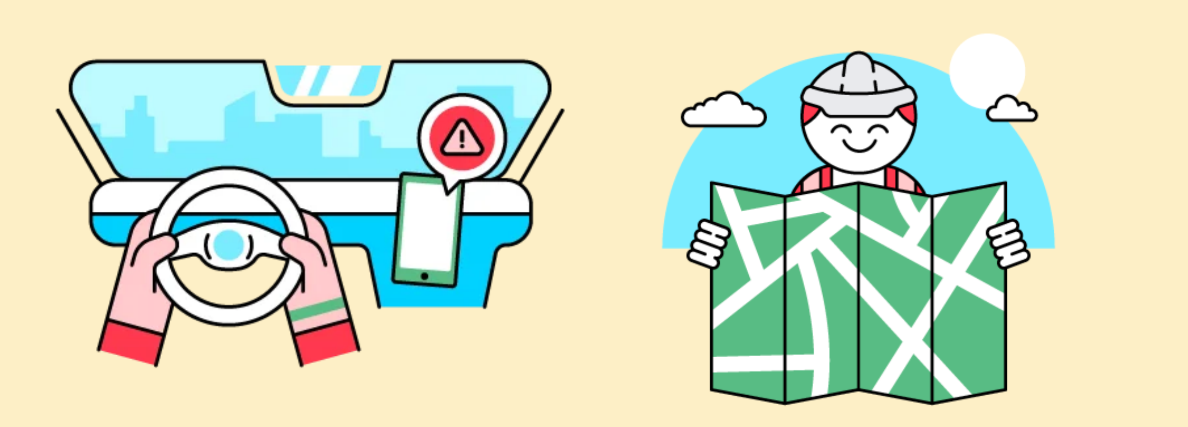 Graphic of the inside of a car from the driver's pov, and next to it a graphic of a worker holding a paper map