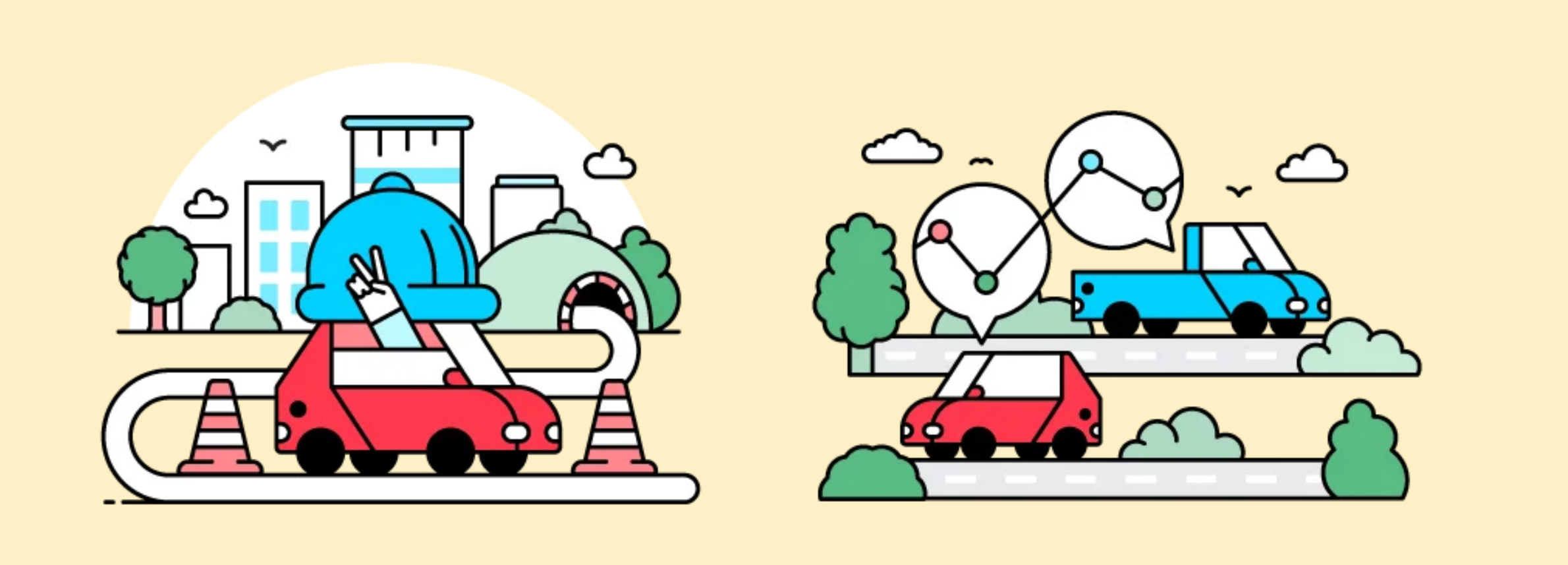 Two graphics next to each other, on the left, a car on a road with constructions, on the right, a car and truck with symbols of data exchange